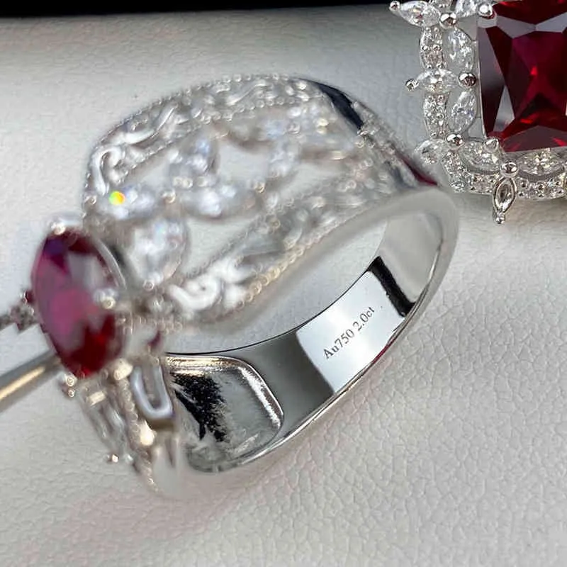 Luomansi lujo 2 quilates rubí natural corona anillo AU750 oro mujer aniversario S925 plata esterlina joyería fina 211217