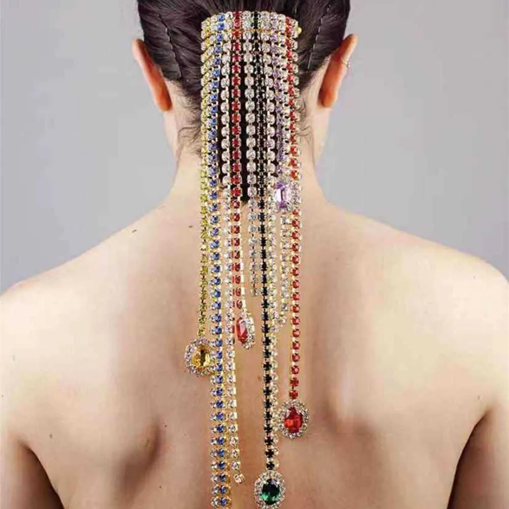 Luksusowe Rhinesotne Ponytail Długie Tassel Włosy Akcesoria Do Łańcucha Nakryzowa Dla Kobiet Bling Crystal Gerbok Pin Głowy Biżuteria 210707