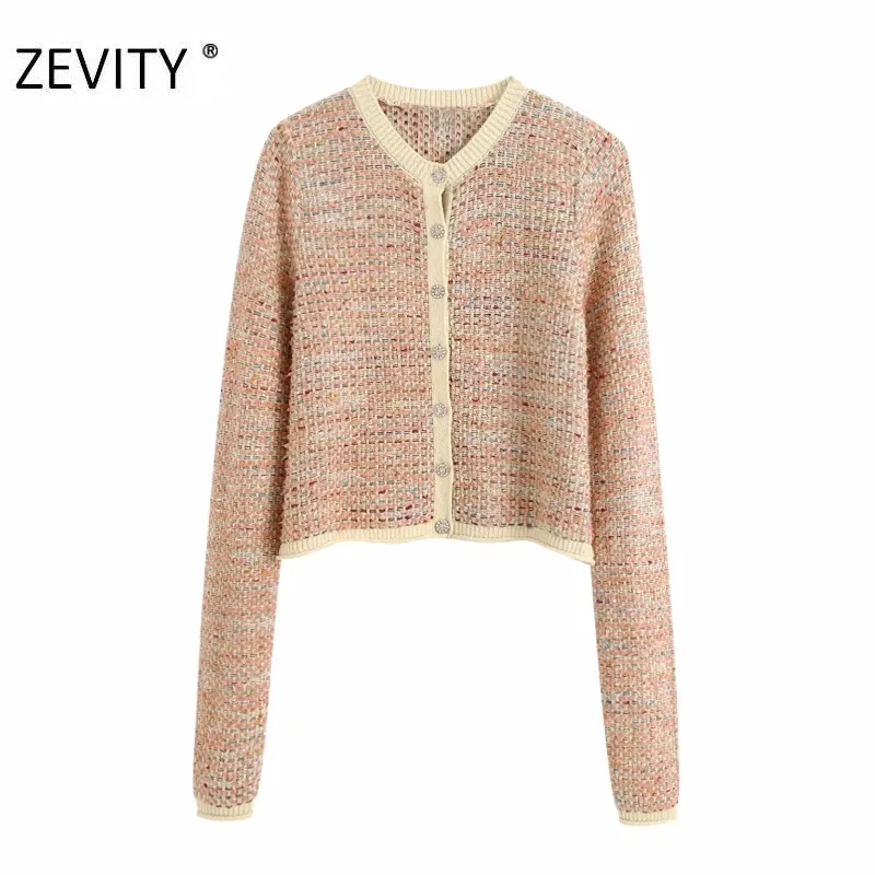 Zevity New Womenファッションoネックパッチワーク編み物セーターコート女性長袖ダイヤモンドブレストコートカジュアルシックトップスCT580 210419