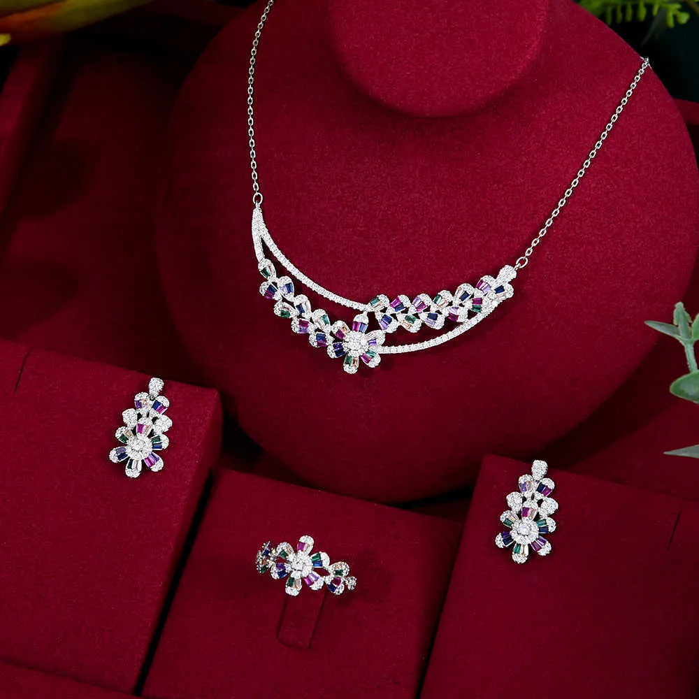 GODKI Spring Multicolor Collection Flower Jewelry Set For Women Wedding Party Zircon Dubai Bridal Necklace Earring Ring H1022