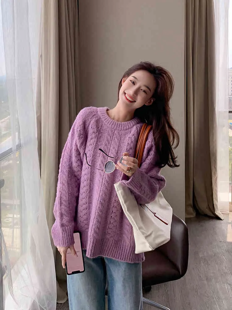 H.SA Dames Winter Pullovers Onheck Purple Green Oversized Twisted Knitwear Japanse stijl Trui Trekkleding 210417