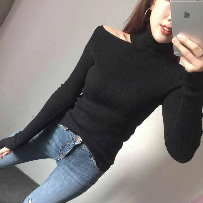 Autumn and Winter Women's Knit Sweater High Neck Strapless All-match Long-sleeved Thin Woman Pullover PL238 210506