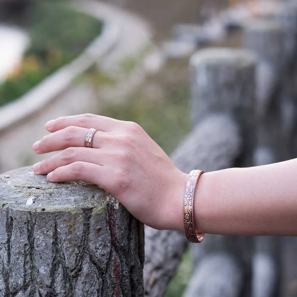 Magnetisch reiner Kupferschmuck einstellbares Armband Ring Vintage Blumengesundheitsenergie Arthritis Schmuck Set für Frauen Männer 2107202902828