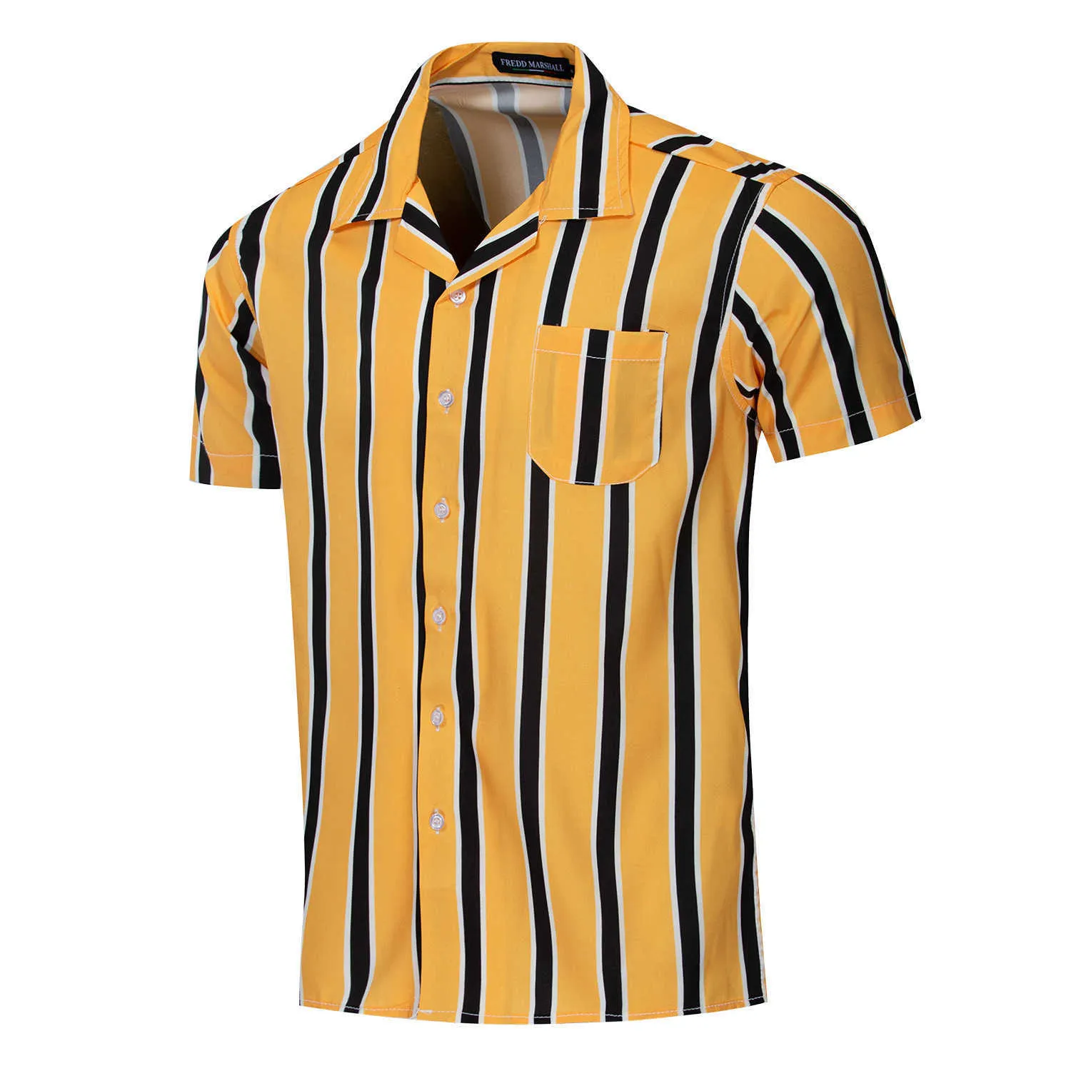 Fredd Marshall Chemise à rayures verticales Hommes Casual Robe boutonnée Chemises en coton à manches courtes Hombre Bowling Chemises pour hommes 56002 210527