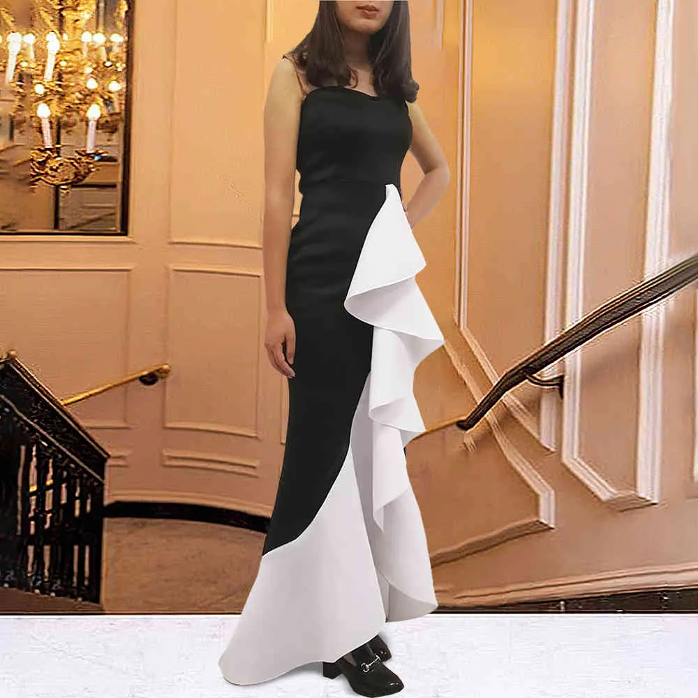 Women Long Party Dress Sexy Ruffle Patchwork Black White Contrast Color Tight Elegant Celebrate Dinner Evening Maxi Bodycon Robe 210416