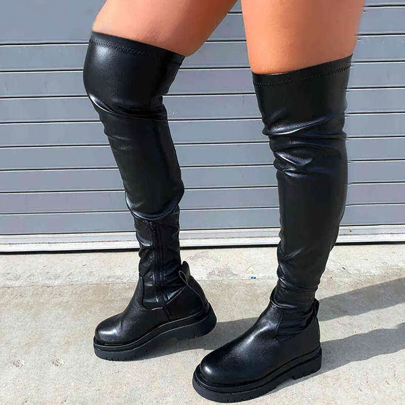 Frau Langstiefel Mode Winter Damen Oberschenkel Hochstiefel klobige Absätze über den Knie Frauen Schuhe weiblich 211217