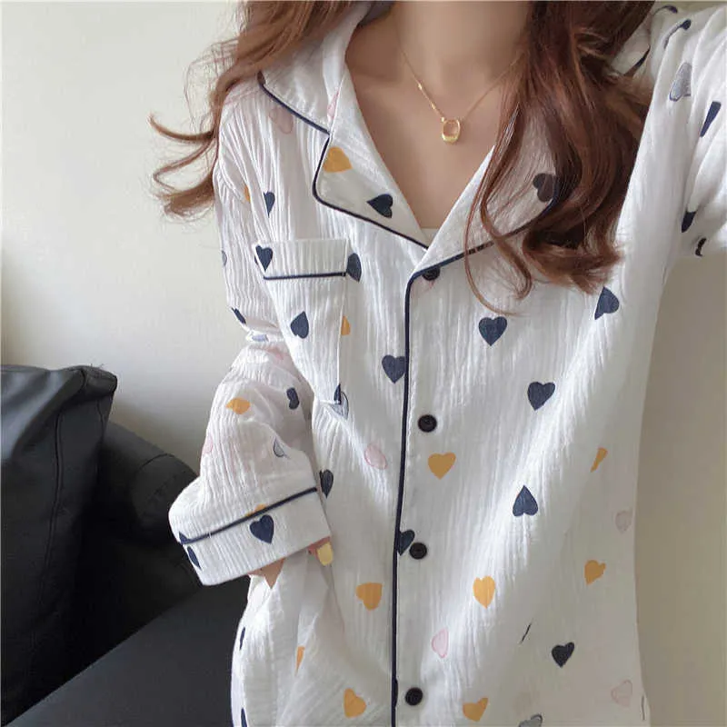 Casual Algodão Breve Pijama Love Impresso Dois Pedaços Ternos Elegante Sleepwear Mulheres Femme Home Chic Sets Soltos 210525