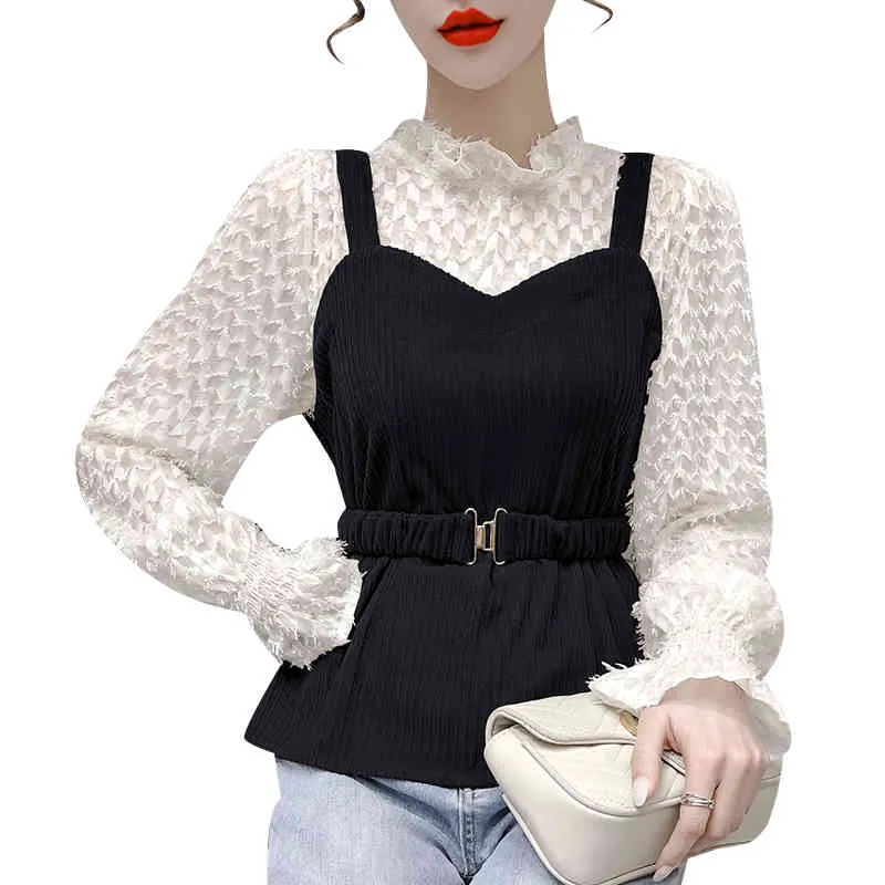 Kimutomo Casual Fake Two Piece Panelled Blouse Women Spring Lace Patchwork Female Stand Collar Lantern Sleeve Wild Tops 210521