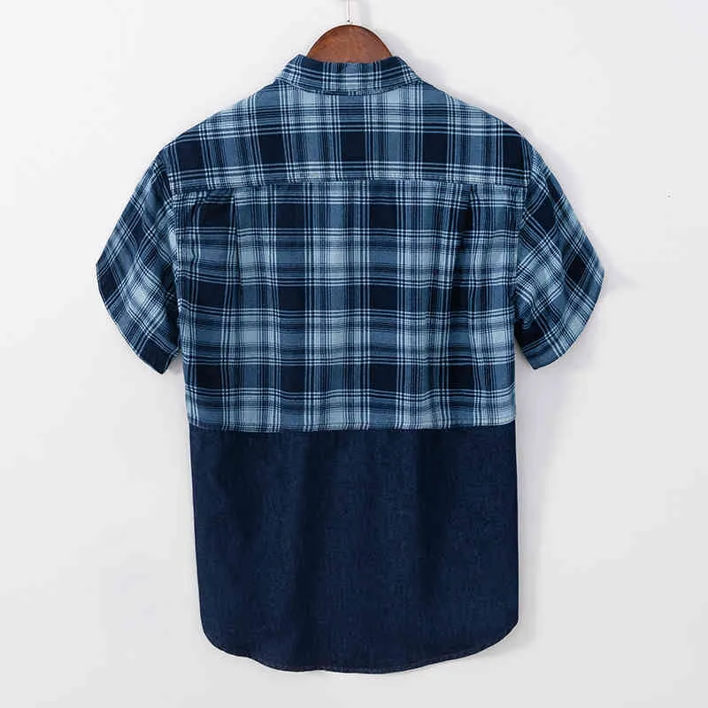 Cowboy Patchwork Short Sleeve Shirt for Men 100% Cotton Plaid Fashion Casual Denim Shirt Summer New Stitching Clothing 210421