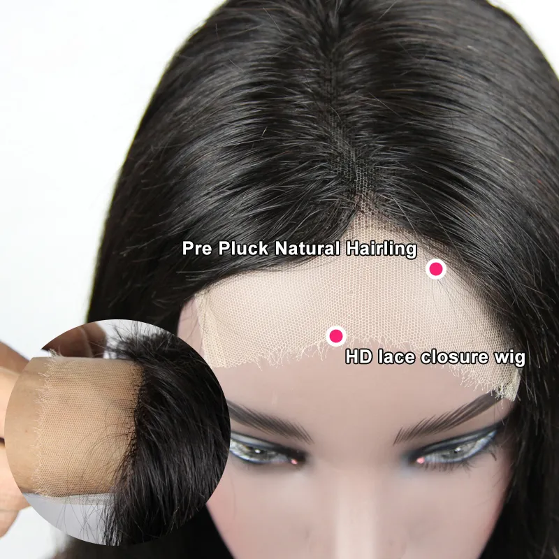 5x5 HD Lace Closure Wigs Partihandel Brasilianska Virgin Human Hair Wig Straight Pre Plucked Baby