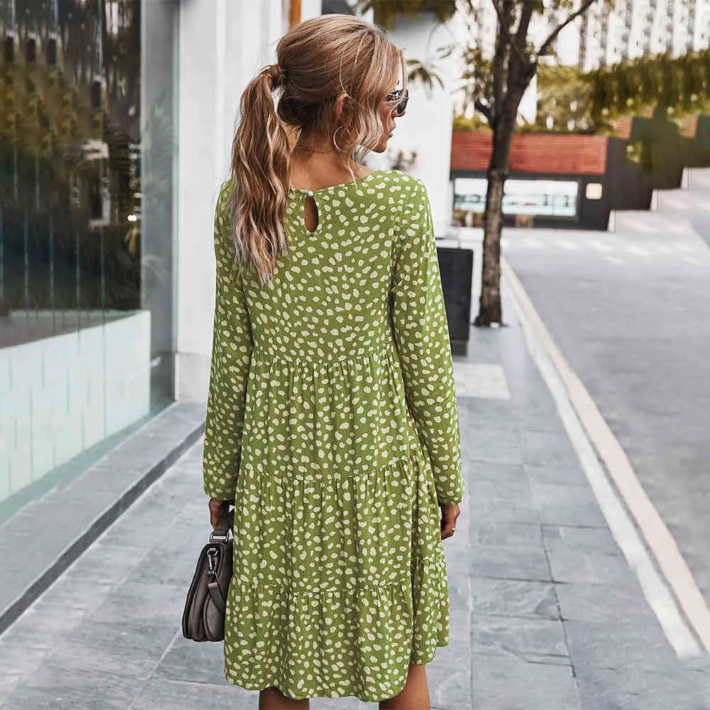 Spring Autumn Dress Women Casual Black Long Sleeve Ruffle Ruched Clothes Leopard Loose Fit Dresses Fall New Ankomst Kvinnor 210415