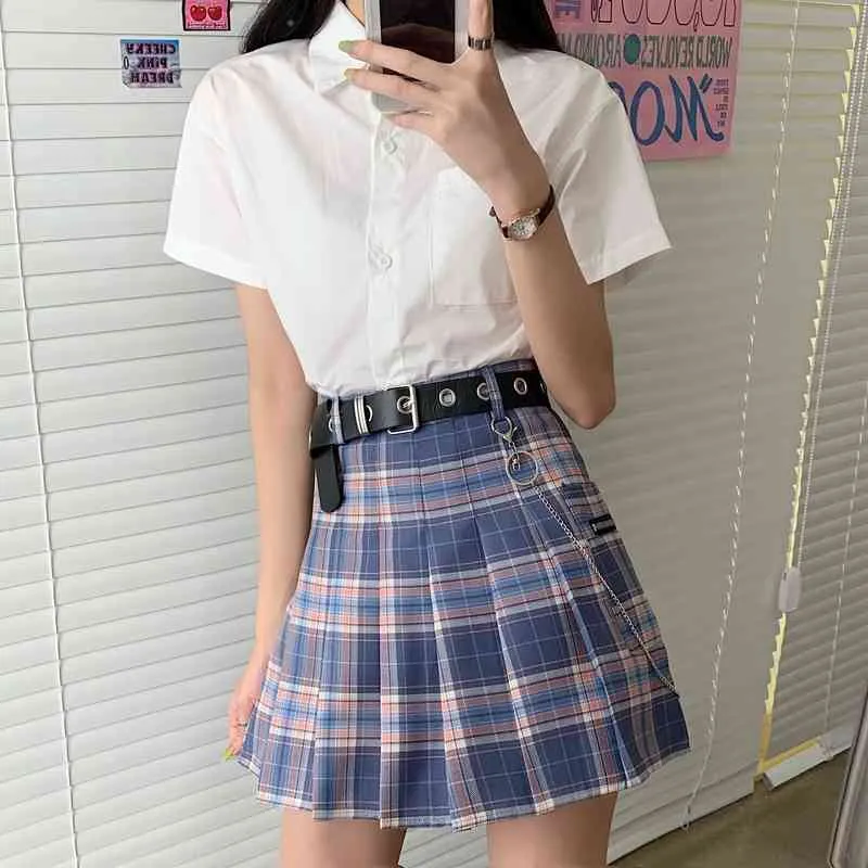 YBYR Femmes Mini Jupe Plissée D'été Taille Haute y2k Plaid Jupes Ceinture Femme Coréenne Sexy Uniformes Bretelles Tulle Zip Jupe Harajuku 210331