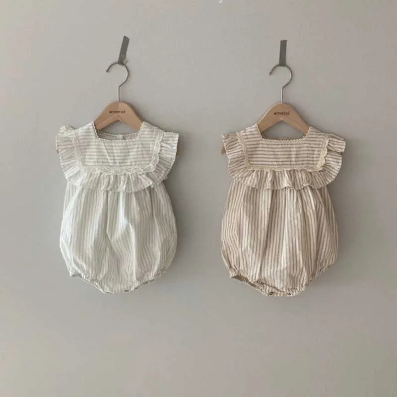 Summer Family Matching Sets Striped Sleeveless Lace Ruffles Bodysuit + Dress Sister Matches Outfits E1536 210610