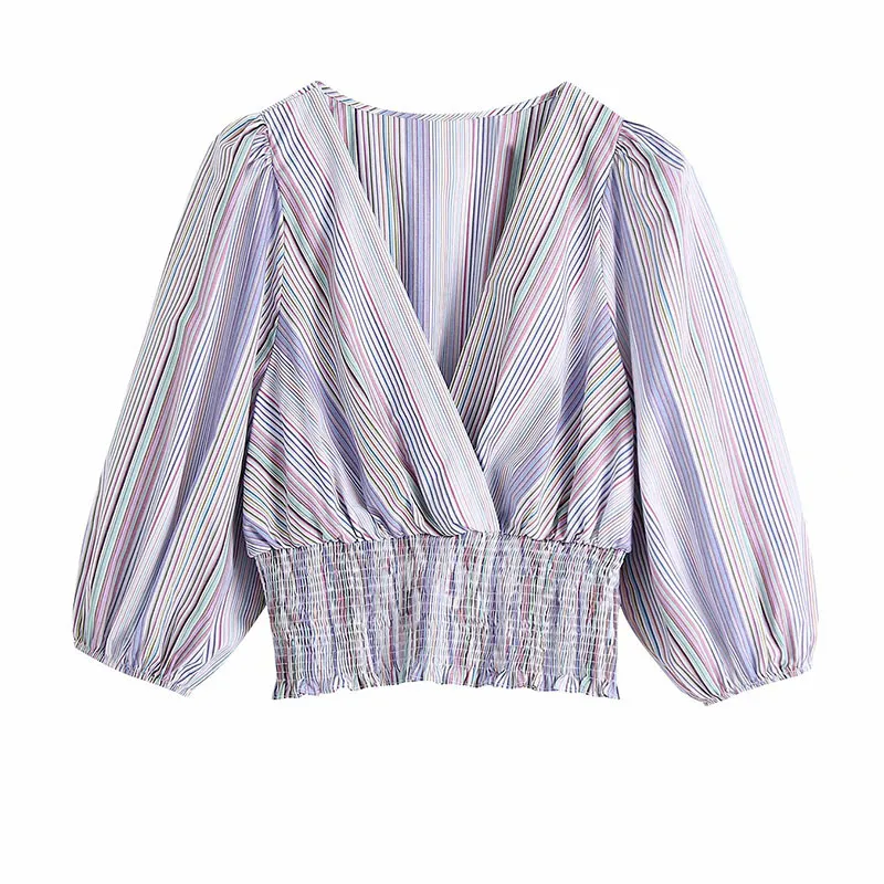 Kvinnor Sommar Sexiga Skjorta Toppar Striped Half Lantern Sleeve Kort Öppna Stitch V-Neck Blouse Blusas BB1197 210513