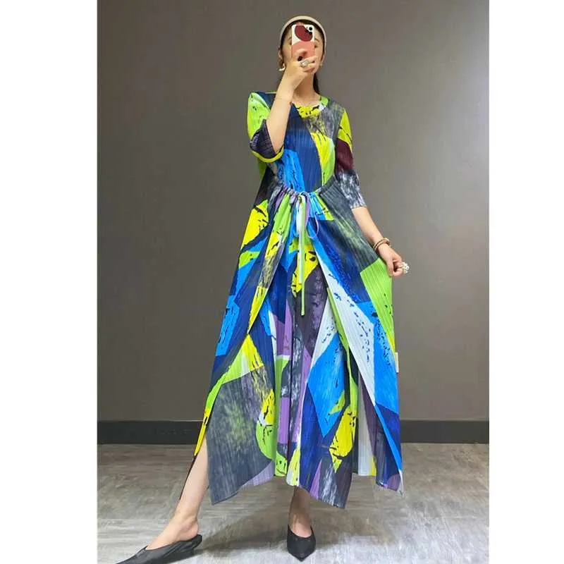 Summer Plus Size Geometric Print Three Quarter Dress Loose Slimming Ankle-Length Dresses for Women 210615