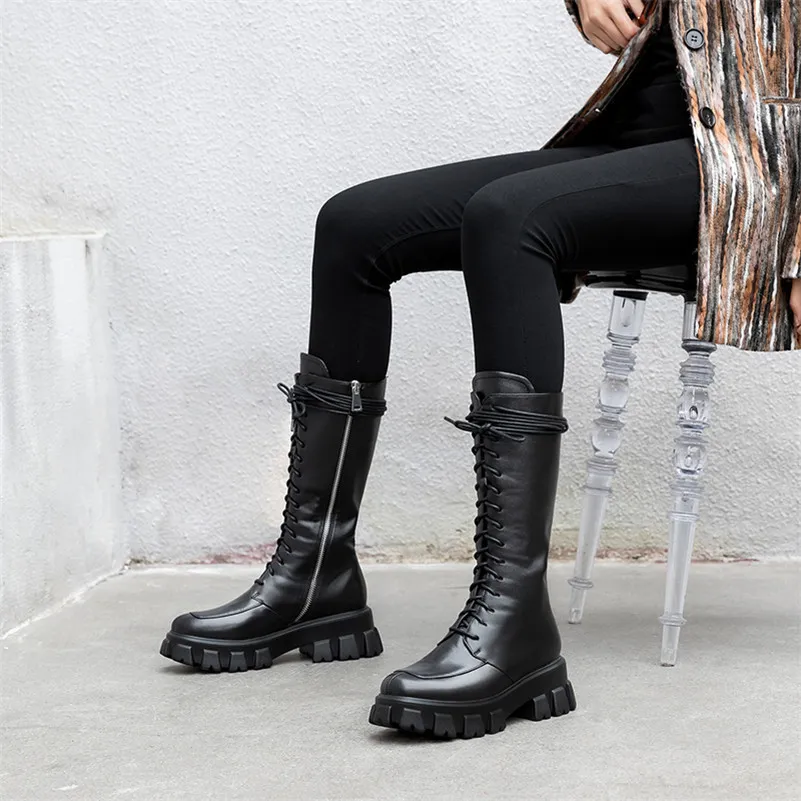 Plate-forme en cuir véritable talon haut mi-mollet bottes moto femmes chaussures à lacets talons épais fermeture éclair dame noir 210517