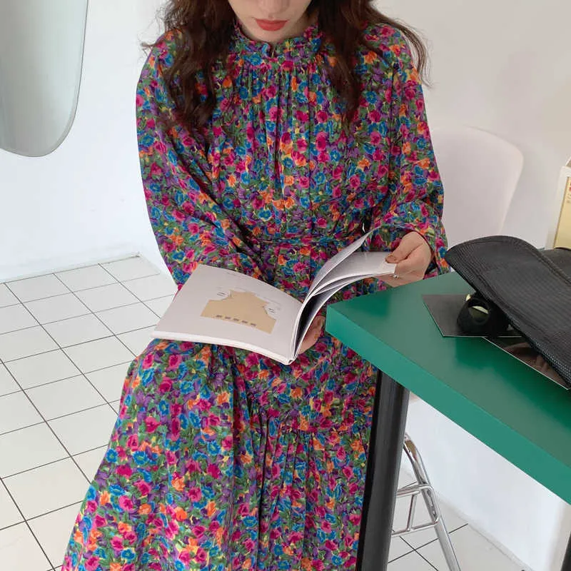 Elengant Prairie Chic Printing Loose All Match Spring Full Sleeves Elegance Long Dresses Vestidos 210525