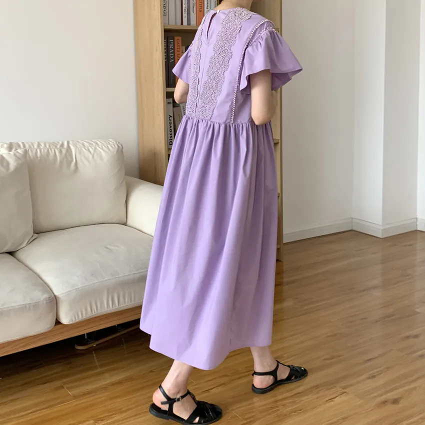 Letnia Koronkowa Szydełka Patchwork Damskie Dresses Puff Rękaw O-Neck Luźna Kobieta A-Line Purple Midi 210428