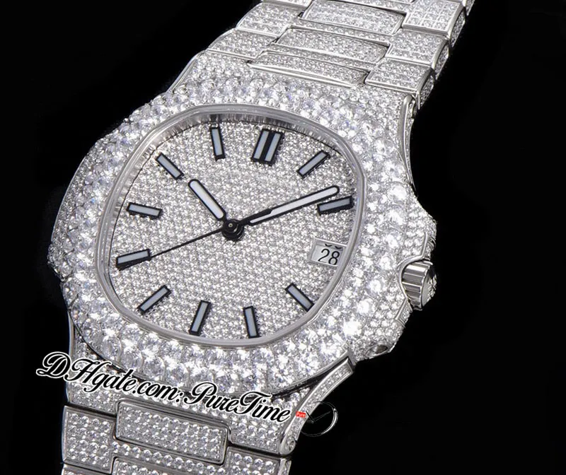 2021 TWF Paved Diamonds 5711 324SC 324CS Automatic Mens Watch Stick Markers Fully Iced Out Diamond Stainless Steel Bracelet Super 287B