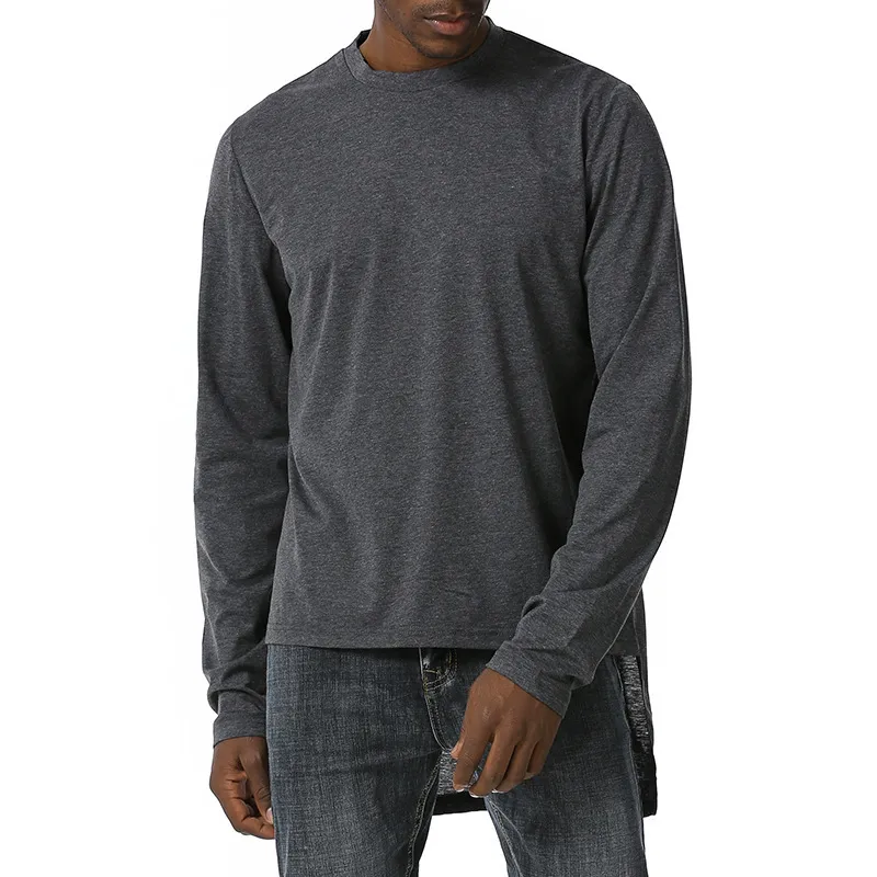 Orlo irregolare T-shirt uomo manica lunga T-shirt allentata solida O-collo Pullover Streetwear Camisetas Camisas oversize 210524