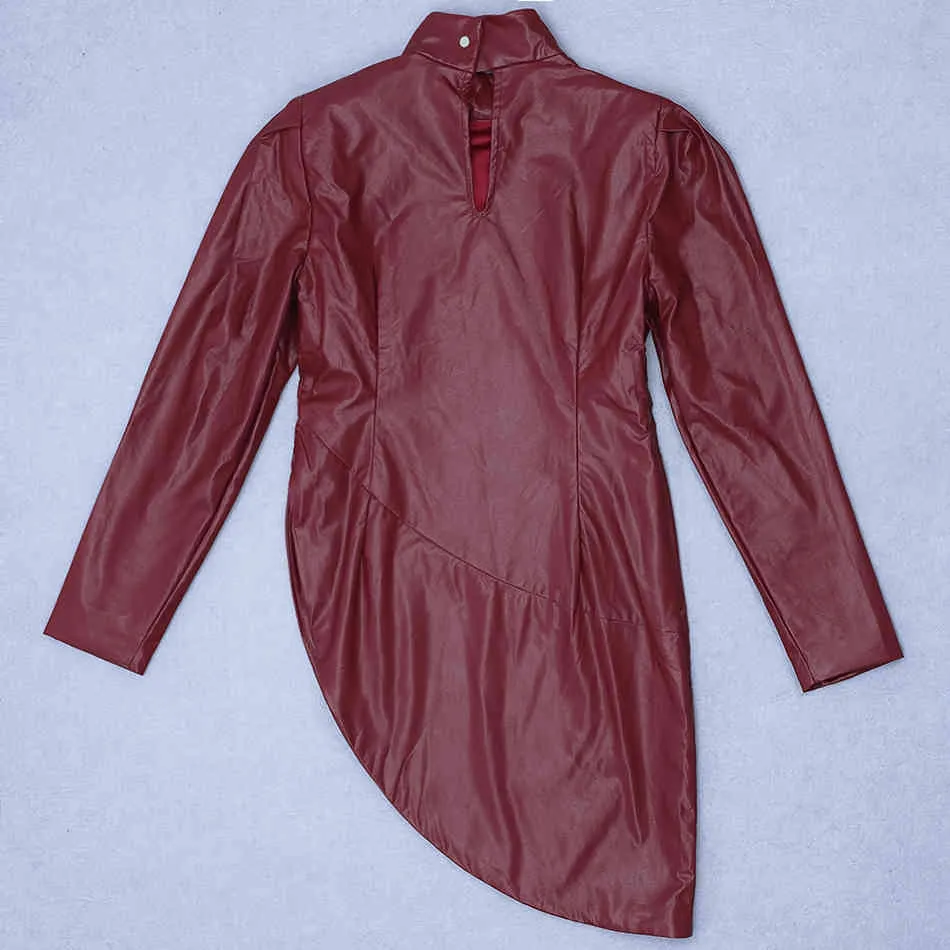 Free Elegant Women's Burgundy Faux Leather Dress Stand Collar Long Sleeve Bodycon Irregular Club Party 210524