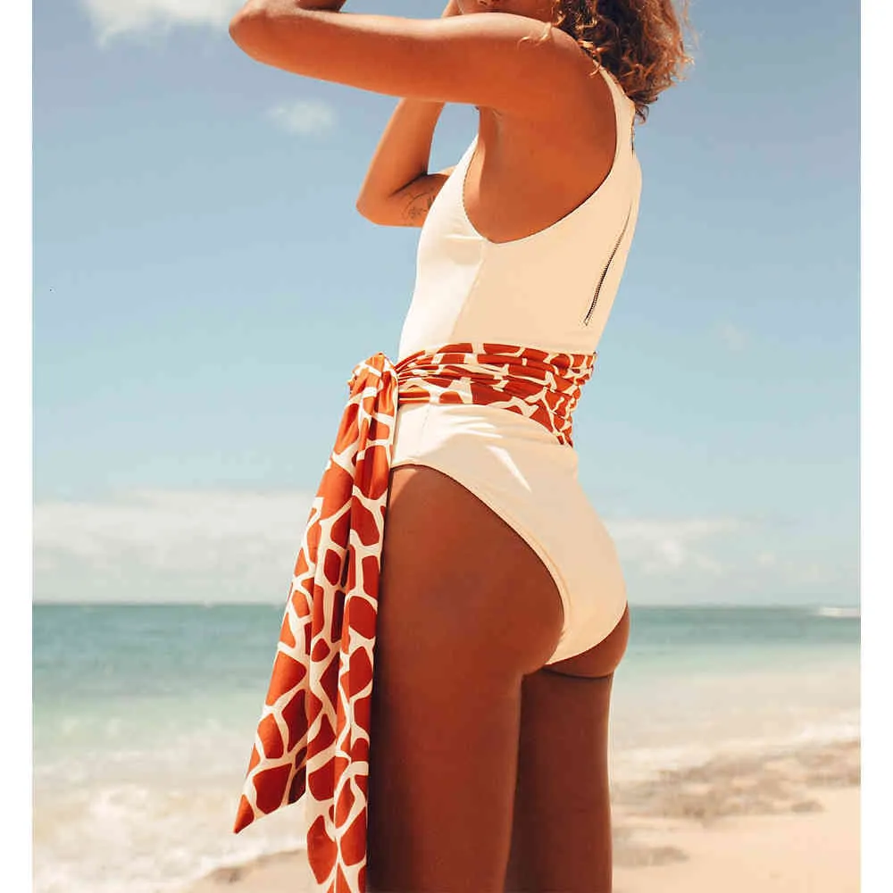 White Swimsuit Zipper Swimwear Women Long Belt Bathing Suit Bodysuit Beach Wear Monokini Sporty Jumpsuit 210520