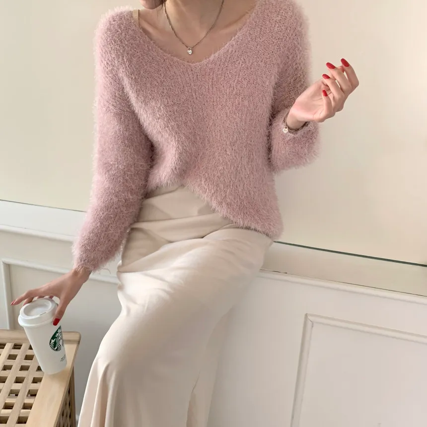 Chic coreano de malha v-pescoço em v pullover jumpers mulheres primavera peludo peludo quente macio solto feminino suéteres tops femme 210513