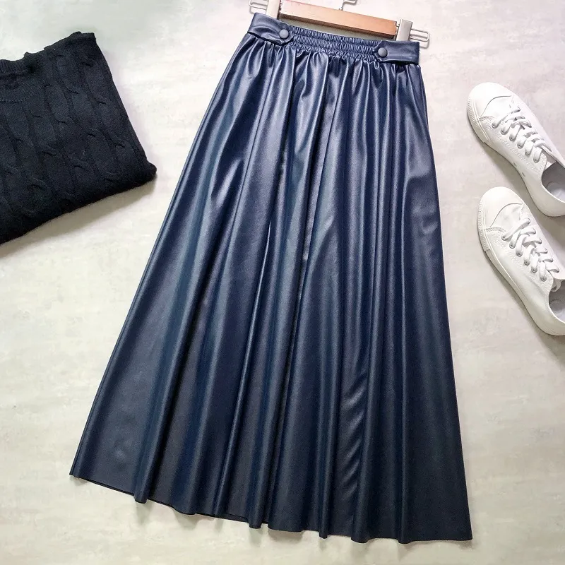 秋の冬の新しい女性シンプルなソリッドエラスティックウエスト薄いPUレザースカートが大きいA-Line Long Skirt Women 210331