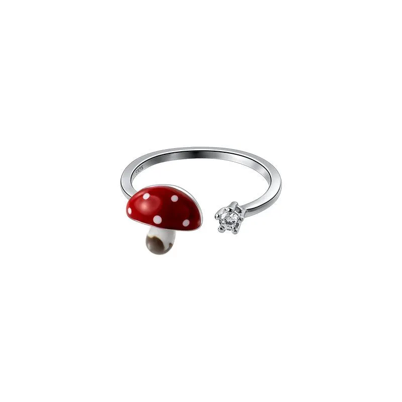 Anéis de cluster bonito pingando cogumelo vermelho aberto esterlina 925 jóias de prata diamantes ajustáveis ​​para mulheres menina presente acessório301o