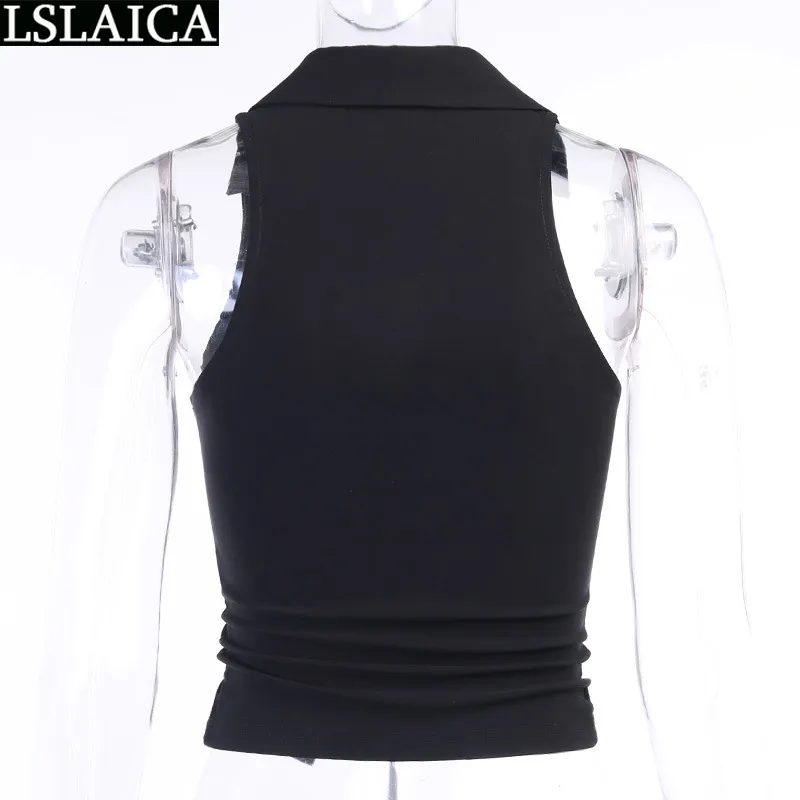 Drop Tank Top Black Rib Knit Drawstring Elegant Shirts Ruched Sport Fitness Turn-down Collar Sleeveless Chic Women 210515