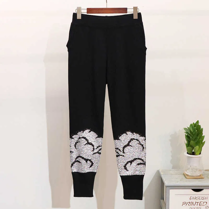 vintage two piece set woman knit tracksuits fashion autumn winter Sequin stud letter sweater and long pant outfie suit cloth 210525