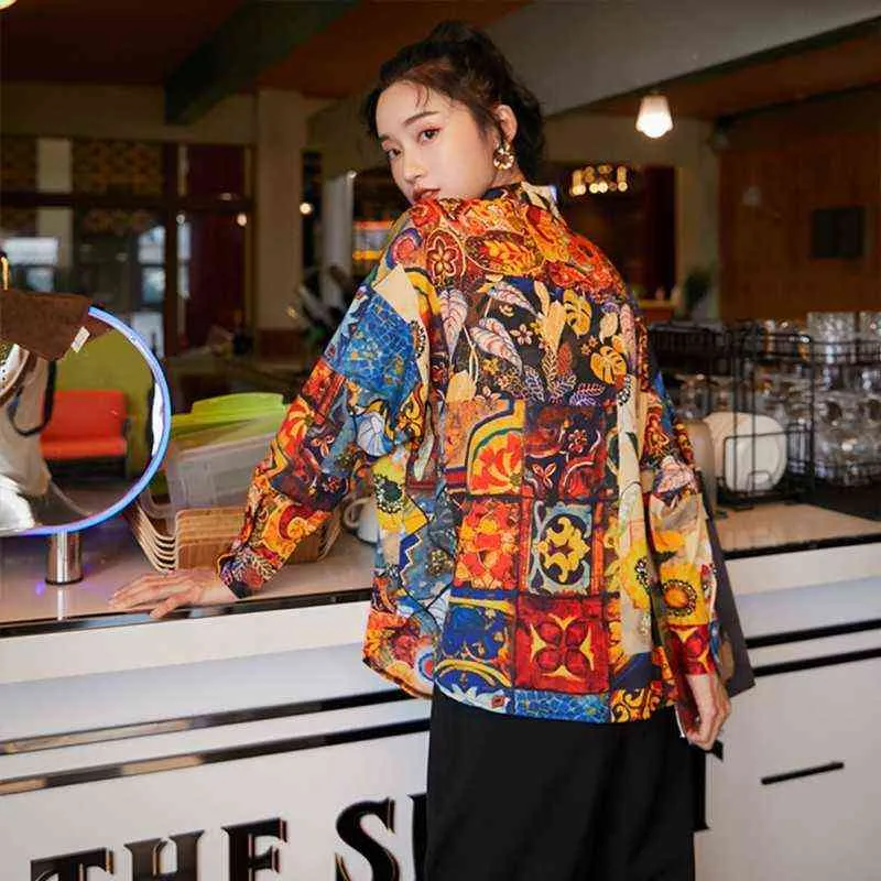 Women Retro Sunflower Print Shirt Oil Painting Print Design Blouse Girl Loose Lapel Tops and Blouses 2020 New H1230