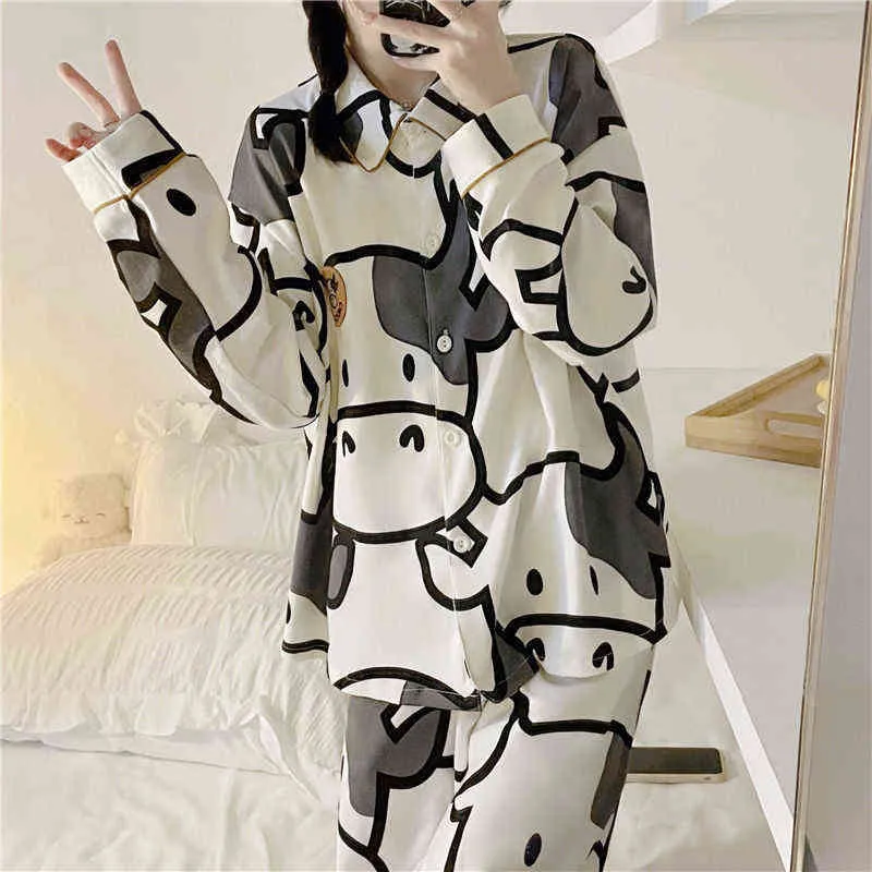 QWEEK Pigiama con stampa mucca Set a due pezzi Pigiama autunnale Donna Cotone Carino Abbigliamento la casa Pigiama Indumenti da notte Stile giapponese Kawaii 220114