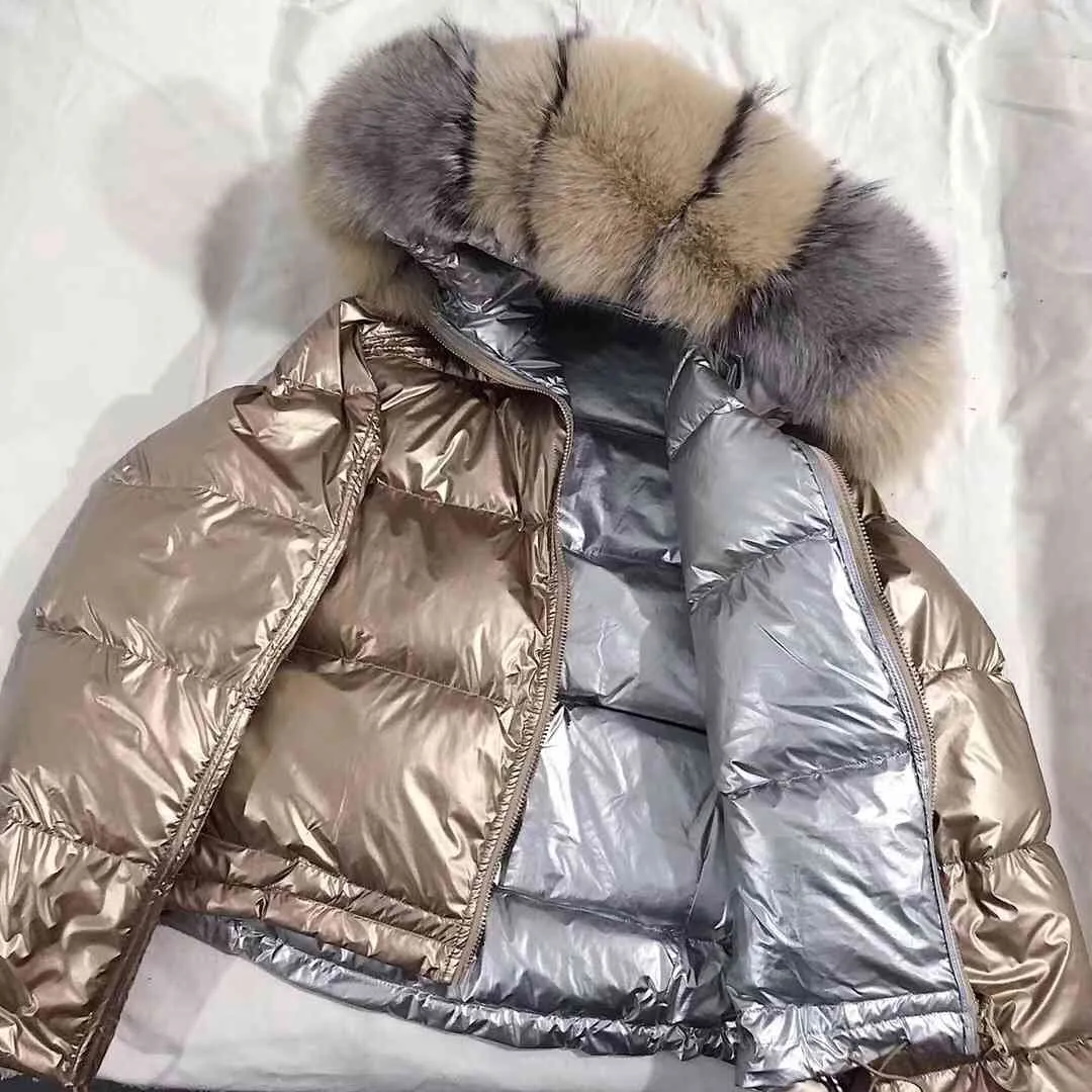 Real Fur Collar Winter Silver Down Kurtka Kobiety Biała Kaczka Kapturem Płaszcz Ladies Chic Dwustronny Oversize Outwear 210520