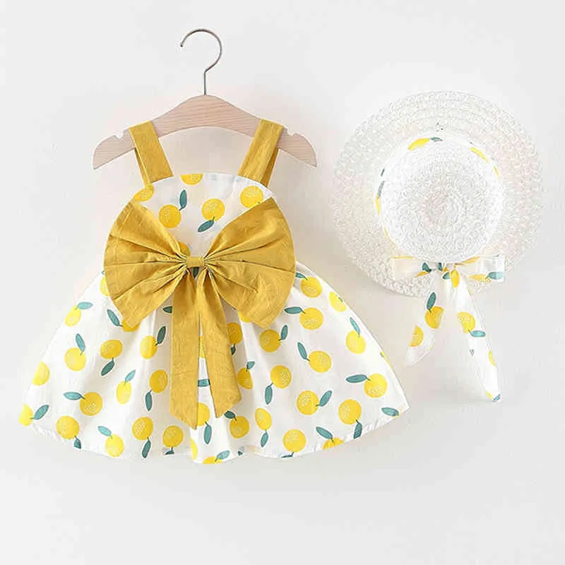 Verão criança criança roupas bebê menina vestido infantil asas impressas sling chapéu como um presente conjunto roupas bonitos 210515
