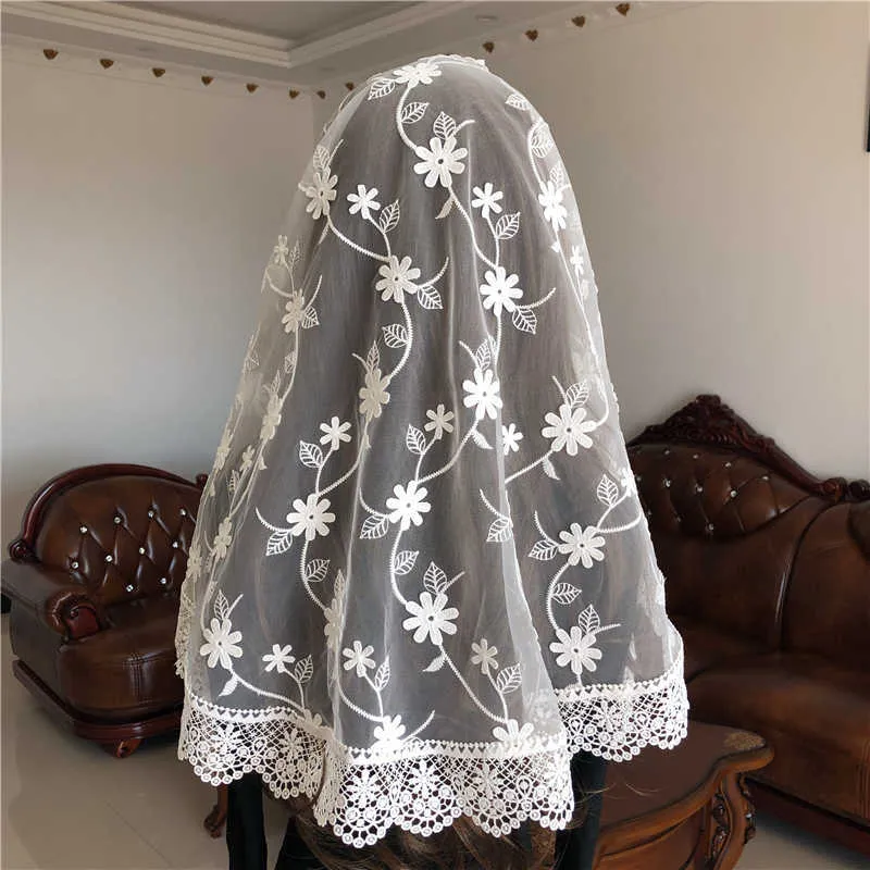 Velo cattolico in pizzo bianco mantiglia cappella Chiesa Copricapo floreale 3D Elegante sciarpa da donna Messa latina Vela Voile Dentelle X0726