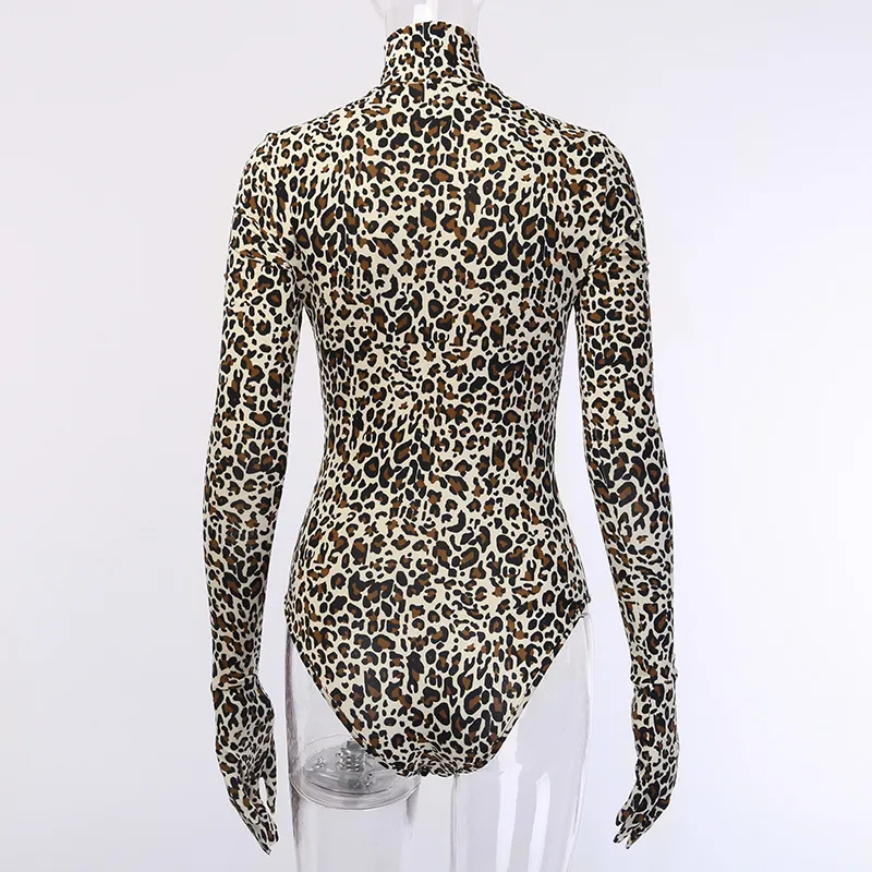 OMSJ Cheetah Print Jumpsuit Long Sleeve Gloves Fall Leopard Bodysuit For Women Sexy Bodycon Skinny Basic Overalls Clubwear 210517