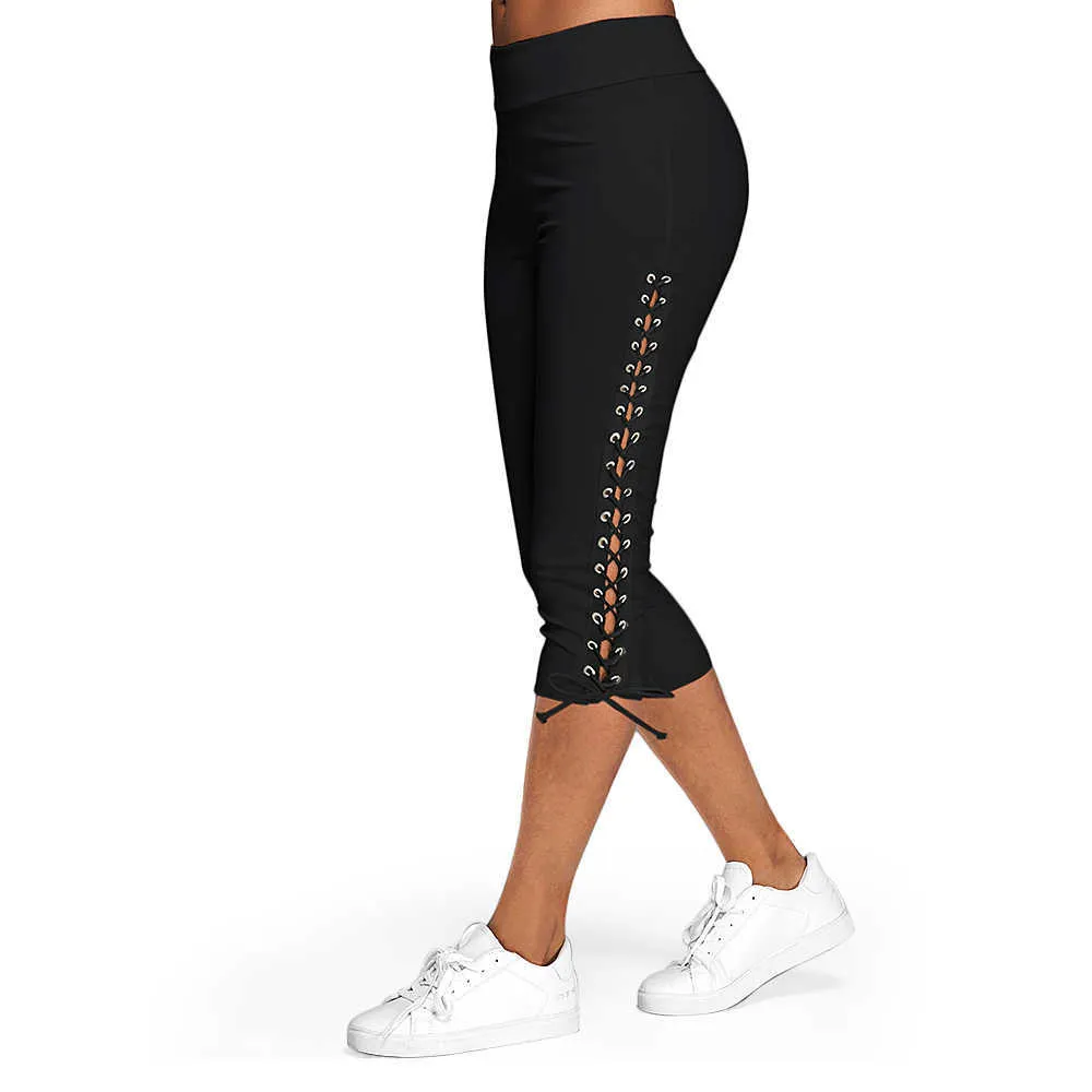 Plus Size S-5XL Women Leggings Lace Up Skinny Casual High Waist Side Solid Summer Bottoms Trouser 210925