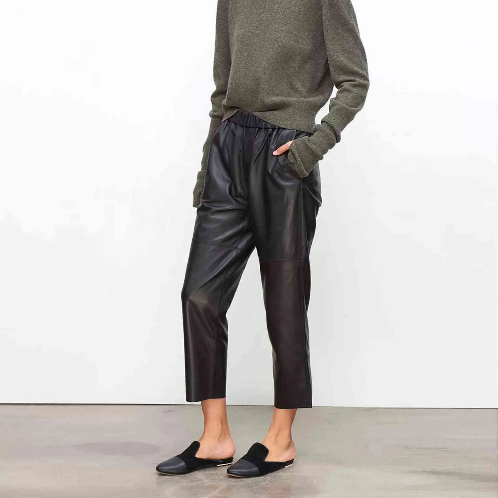 Hakiki Deri Harem Pantolon kadın Gerçek Koyun Pantolon Yüksek Bel Artı Boyutu Kadın Pantolon Elastik Bel Streetwear 211105