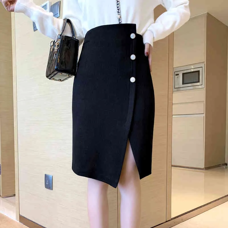 夏の作品着用サイドスプリット女性シースミディスカート韓国のOLスタイルボタンハイウエストペンシルラップ210428