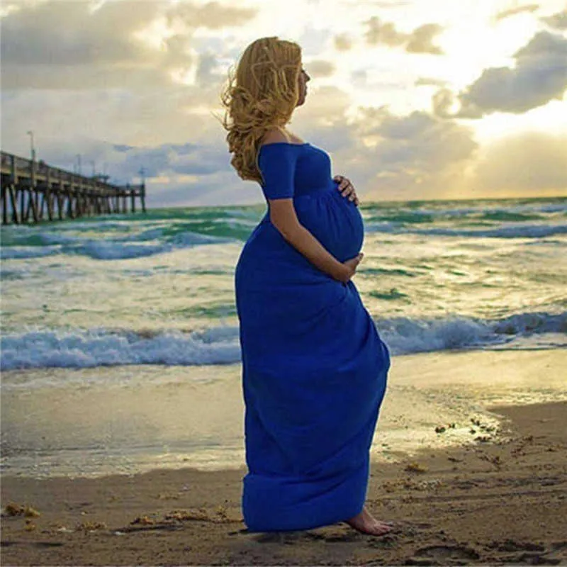Arrivée femmes enceintes robes de maternité couleur unie fleur ceintures sans épaule longue robe bohème plage vacances photographie Q0713