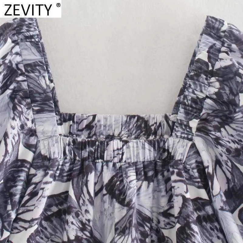 Zevity Women Vintage Square Collar Ink Floral Printing Casual Loose Mini Dress Female Chic Summer Puff Sleeve Vestido DS8168 210603