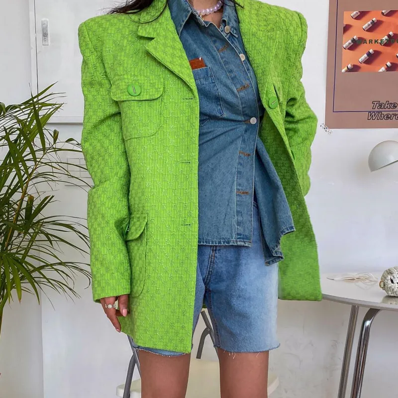 Femmes vert Vintage décontracté grande taille Blazer cranté à manches longues coupe ample veste mode printemps automne 2F0579 210510