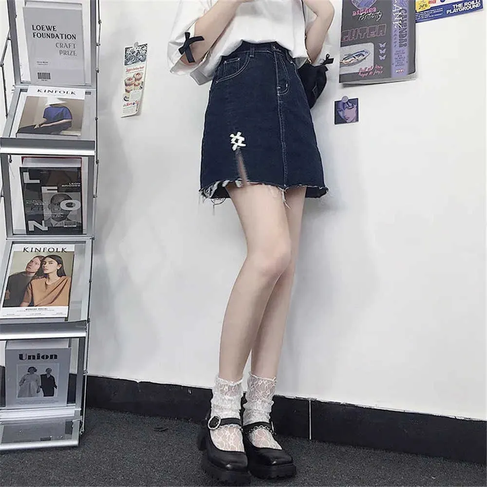 Sexy Frauen Denim Minirock Mode Sommer Hohe Taille Koreanische Schlitz Blaue Jeans Rock Paket Hüfte Bogen Harajuku Baumwolle Streetwear 210619