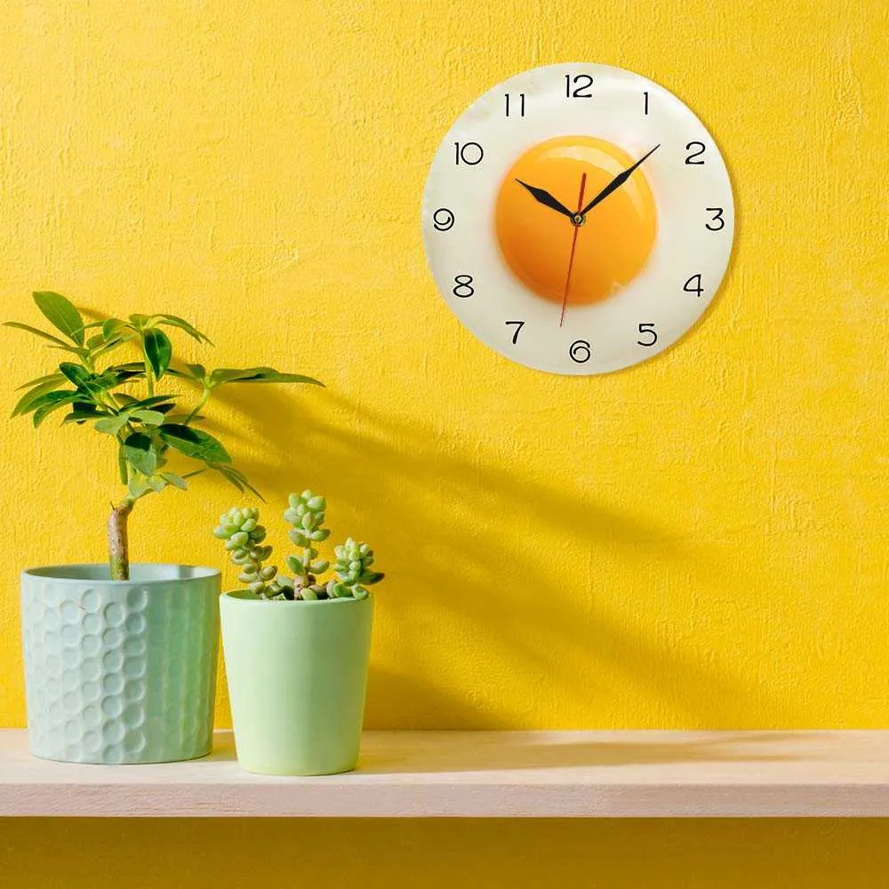 Sunny Side Up Fried Egg Kitchen Decor Acrylic Wall Clock Breakfast Food Resturant Wall Art Dining Room Silent Wall Hanging Watch 210930