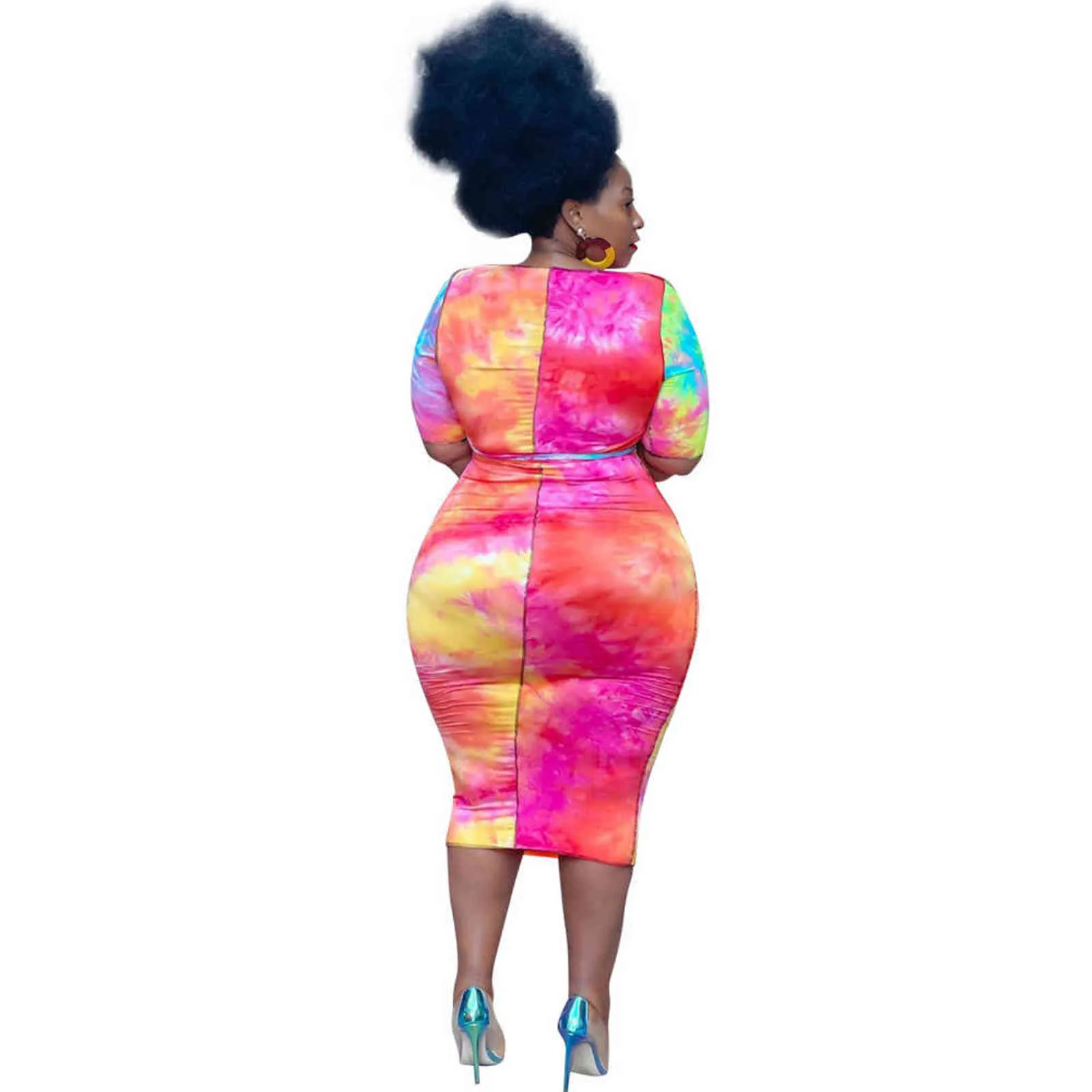 プラスサイズの女性の服2ピースセット4xlタイ色の印刷の中空アウト半袖ミディスカートスーツ卸売ドロップ211029