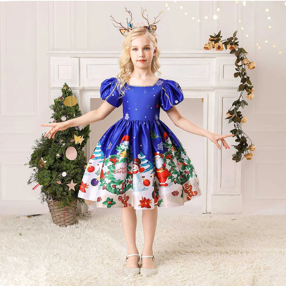 2021 nouvelle robe de noël pour filles enfant en bas âge cerf bandeau 2 pièces enfant Santa imprimer robes pour fille noël fête princesse robe G1026