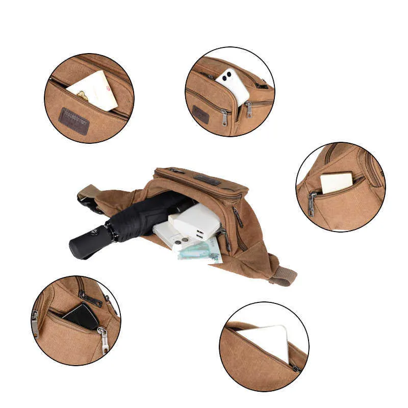 Männer Casual Langlebige Fanny Taille Pack Männliche Taille Taschen Gürtel Leinwand Hüfte Bum Militär Tasche Beutel Drei Zipper Tasche Banane 210708