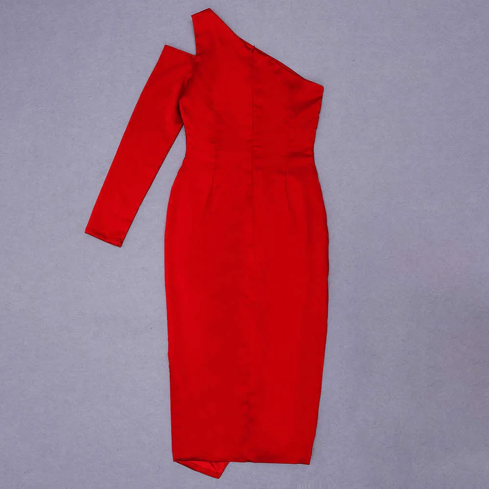 Arrivée Femmes Sexy Designer À Manches Longues Une Épaule Rouge Robe Moulante Dames Élégante Fête De Bal Robe 210527