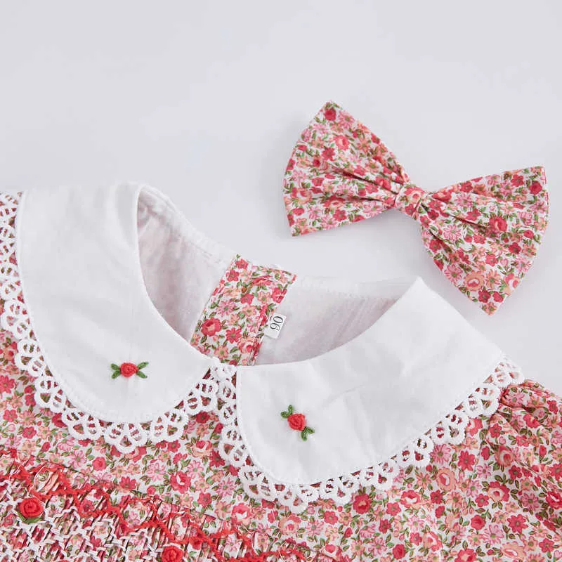 Baby Smock Floral Romper Girl Handmade Embroidered Jumpsuit Toddler Smocked Clothes Infant Birthday Rompers with Hairpin 210615